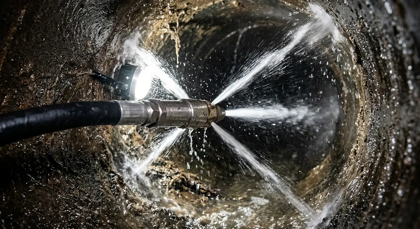 High-pressure hydro jetting nozzle cleaning sewer pipe for Trenchless Sewer Repair in Jacksonville