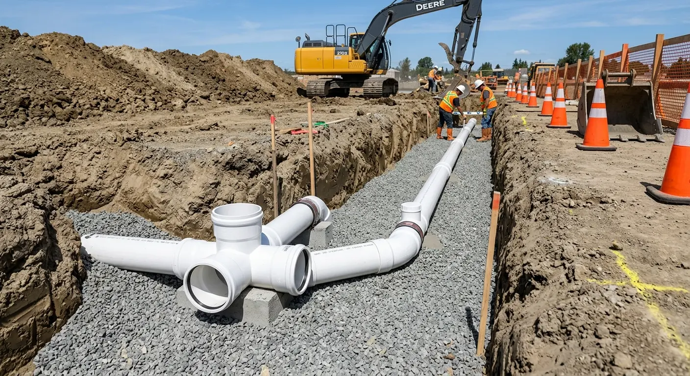 New PVC sewer pipe installation in open trench for Commercial Drain Cleaning in Jacksonville