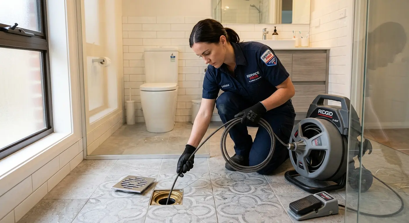 Technician clearing a bathroom floor drain for Hydro Jetting in Jacksonville